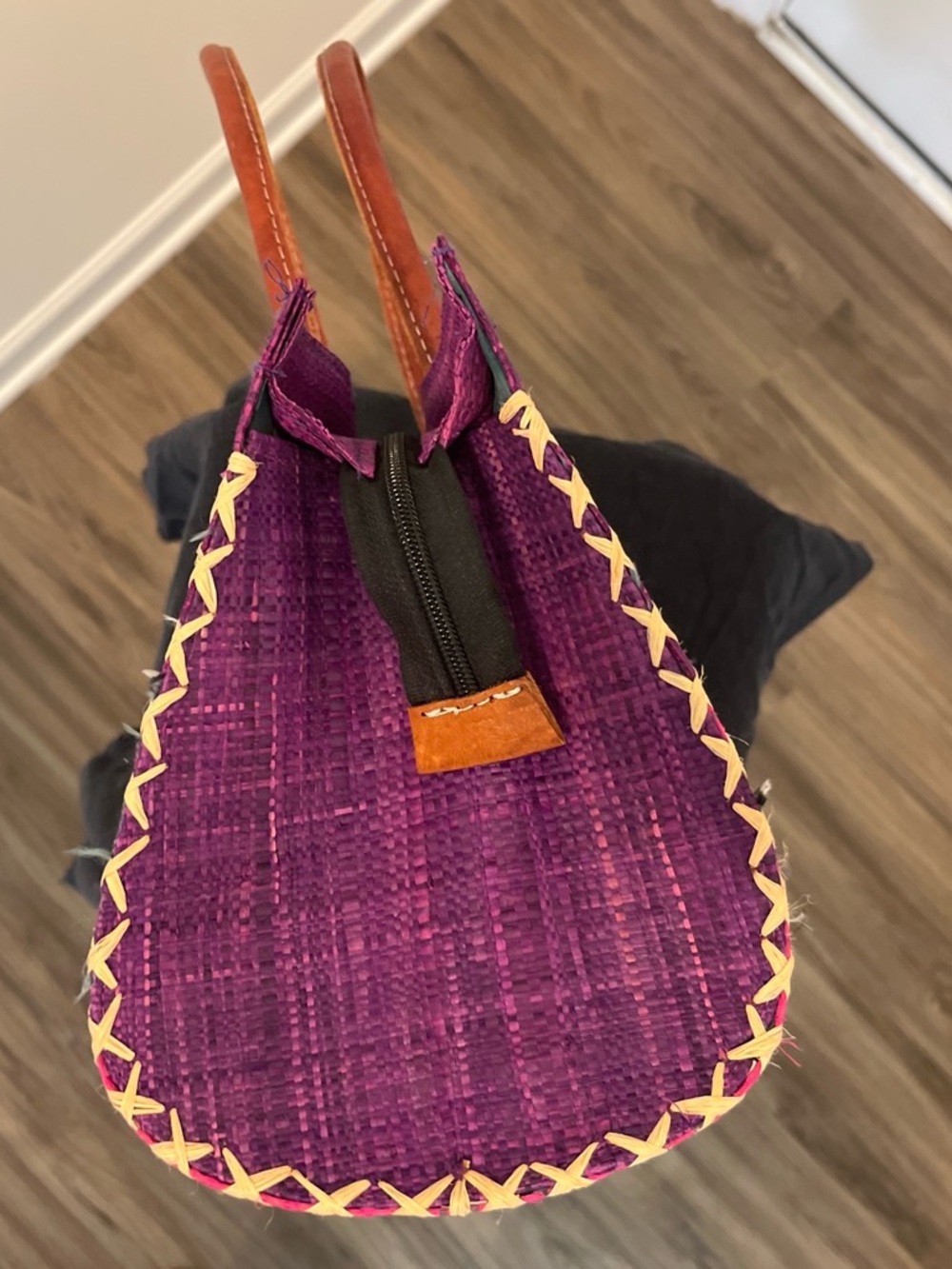 Purple Woven Straw Tote Bag with Leather Handles - Picture 4 of 5